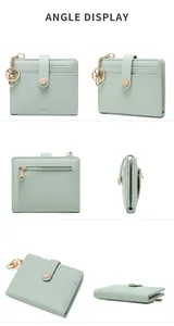Multi-angle view of mint green RFID slim wallet with card slots and zipper pocket