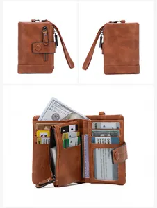 Detailed interior of a brown RFID PU leather wallet showing card slots and zipper pocket