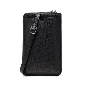 Minimalist black lychee texture leather mobile phone crossbody bag with silver hardware