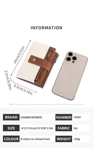 Kurzes RFID Damen-Portemonnaie mit Telefon als Größenvergleich, Maße 14x2,5x9,5cm