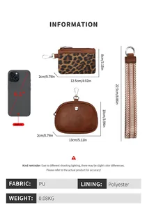 Detailed size chart of vintage leopard print wristlet wallet set with phone comparison