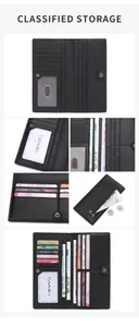 Detail view of RFID blocking leather wallet featuring 12 card slots and zippered coin pocket