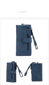Detail view of deep blue RFID long wallet with wristlet and decorative zipper closure