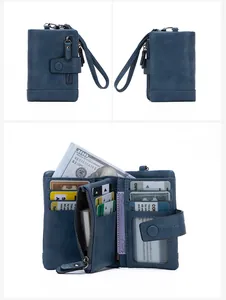 Detail view of blue RFID leather wallet with card slots and wrist strap
