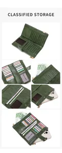 Detail of green leather wallet with multiple card slots and smartphone compartment