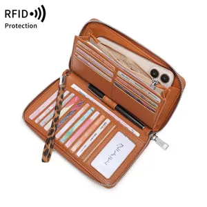 Cartera de cuero marrón con protección RFID y correa de leopardo para mujer con ranuras