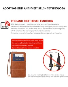 Detailed RFID blocking layer schematic of the brown textured leather passport wallet