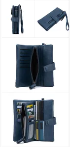 Detail of dark blue RFID leather wallet showing multiple card slots and zip compartments
