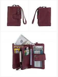 Detailed interior of a deep red RFID women's wallet with multiple card slots and zipper pocket