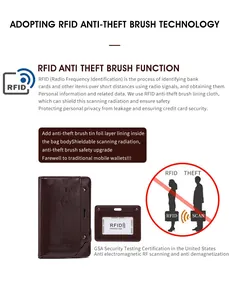 Detail of dark brown leather passport holder showing RFID blocking and debossed logo
