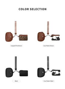 Detail of four color options for the wristlet wallet set featuring animal prints and hardware