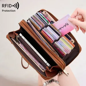 Portafoglio vintage marron RFID con doppia cerniera e scomparti a fisarmonica