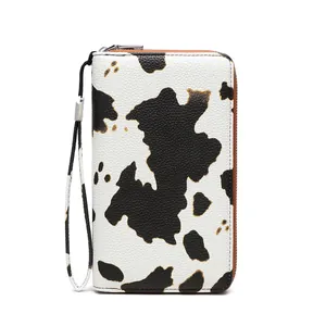 Cartera larga de mujer con estampado de vaca y bloqueo RFID con correa de muñeca
