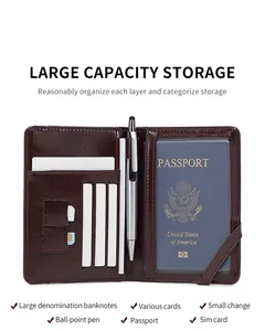 Detail of RFID leather passport holder showing multiple card slots and passport window