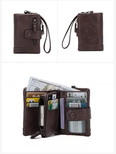 Detail view of coffee brown RFID bifold wallet featuring multiple card slots and zipper pocket