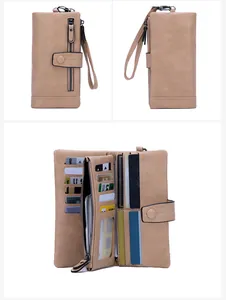 Detailed view of women's long RFID wallet with card slots and inner zipper compartment