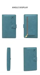 Multi-angle view of cyan RFID passport wallet with textured leather and airplane logo