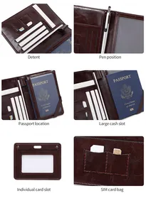 Detail view of brown RFID leather passport wallet with SIM slots and pen holder