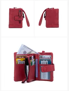 Detailed view of red RFID leather wallet with multiple card slots and zipper compartment