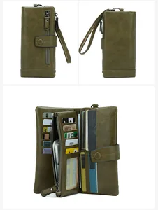 Detail view of olive green RFID leather wallet with multi-card slots and wrist strap