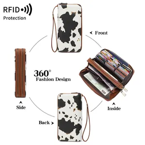 Portafoglio donna RFID con stampa mucca, doppia cerniera e cinturino da polso