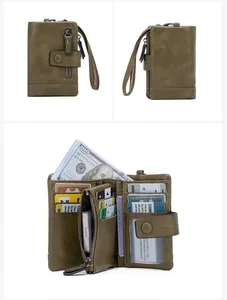 Detail view of olive green PU leather wallet showing multiple card slots and zip pocket