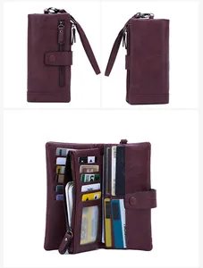 Detailed interior of a burgundy RFID long wallet with multiple card slots and wristlet