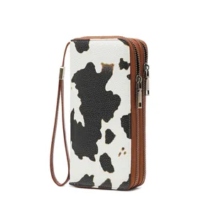 Portafoglio donna vintage con stampa mucca RFID e doppia cerniera con cinturino