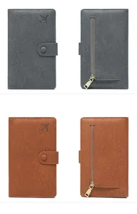 Detailed views of RFID blocking passport wallet in grey and brown PU leather texture
