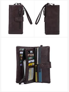 Detail view of multi-slot dark brown leather long wallet with RFID protection and wristlet