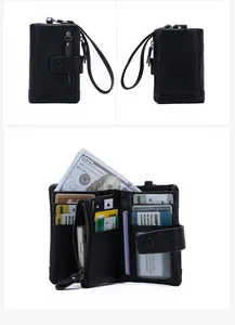 Detail view of RFID women's wallet showing multiple card slots, zip pocket and wristlet