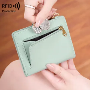 Mint green RFID blocking slim bifold leather wallet for women with heart zipper coin pouch