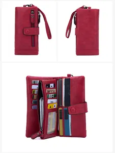 Detailed interior of red RFID leather wallet showing multi-slots and card holders