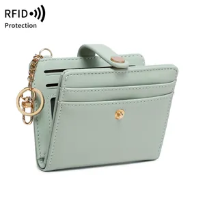 Slim RFID blocking light green PU leather bifold card holder wallet with keychain ring