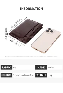Detailed technical info of a brown RFID travel wallet with size and weight metrics