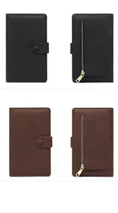 Detail of RFID passport wallet showing pebble leather texture, snap button and zip pocket