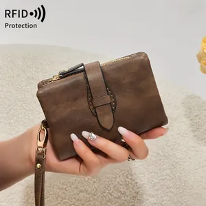 Petit Portefeuille Femme Protection RFID Vintage en Cuir PU À Trois Volets Multiples Fentes pour Cartes Poche Monnaie Zippée