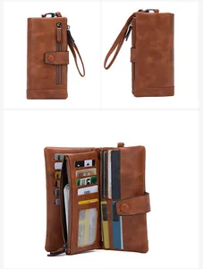 Detail view of brown RFID long wallet with multiple card slots and wrist strap