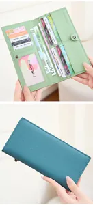 Detail of RFID blocking long wallet with pebble leather texture and multi-card slots
