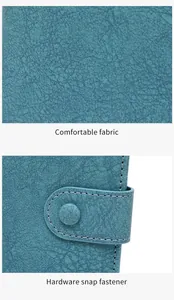 Detail of teal leather texture and hardware snap fastener on the RFID passport wallet