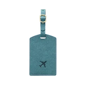 Minimalist blue PU leather luggage tag with aircraft icon and adjustable strap for travel