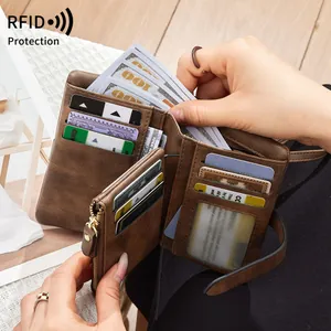Portefeuille femme en cuir PU marron rétro avec protection RFID et poche zippée pratique