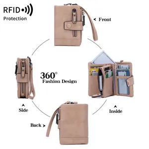 Multi-angle view of khaki RFID blocking PU leather wallet with wristlet and compartments