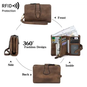 Portefeuille femme vintage en cuir PU marron avec protection RFID et dragonne pratique