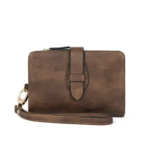 Portefeuille femme rétro RFID en cuir PU marron mat avec dragonne amovible et fermoir