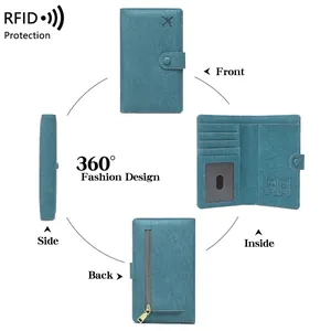 Teal RFID travel passport wallet with multiple card slots and airplane pattern