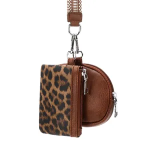 Fashionable leopard print and brown leather 2-piece small wallet set with woven wristlet strap