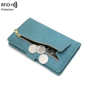 Blue RFID blocking leather passport wallet with metal zipper pocket for coins and cards