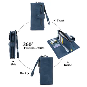 Blue RFID leather wallet for women with zipper pocket and multiple card slots