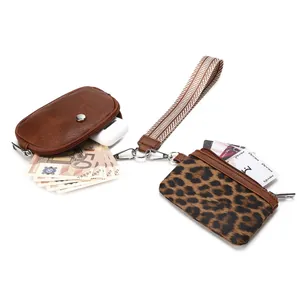 Fashion wristlet wallet set with leopard print coin purse and braided strap for cards